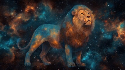 Wall Mural - A majestic lion stands against a cosmic backdrop, showcasing a blend of vibrant colors and intricate details, evoking a sense of wonder and strength.