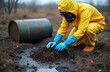© miss irine - Worker in yellow hazmat suit, gas mask collects soil samples near leaking chemical barrel. Environmental scientist tests ground for contamination from industrial waste. Safety gear used for