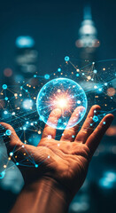 Wall Mural - hand holding glowing sphere, network connections visible, city lights background, showcasing technol