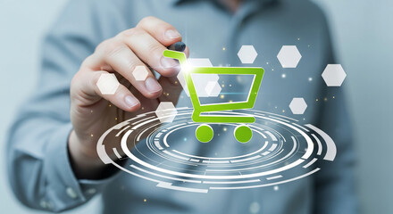 Wall Mural - hand interacts with digital shopping cart interface, showcasing online shopping, ecommerce, or digit