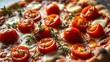 © 先生 项 - A close-up of vegetarian pizza with cherry tomatoes, melted mozzarella, and fresh oregano garnish.