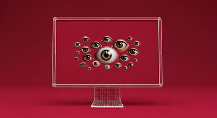 Wall Mural - wireframe computer monitor on red background displays numerous eyes, creating a surveillance or data