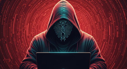 Wall Mural - hooded figure with circuit-board face, using laptop against red digital background, symbolizing cybe