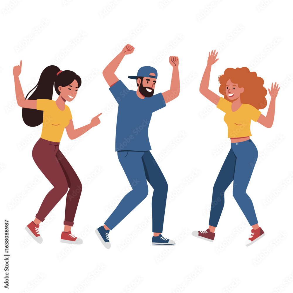 Group of happy young friends dancing and celebrating at a party, joyful people in casual clothes having fun together.