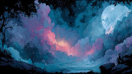 Wall Mural - A breathtaking dream like nighttime landscape featuring a dramatic atmospheric sky filled with vibrant swirling clouds in shades of pink blue and purple