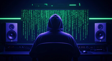 Wall Mural - hooded figure sits before large monitor displaying green code, illuminated in dark room with speaker