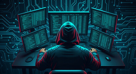 Wall Mural - hooded figure working on multiple computer screens displaying teal code, set against a circuit board