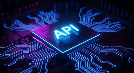 Close-up of a glowing API chip on a circuit board, highlighting technology and digital interfaces.