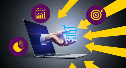 Wall Mural - laptop screen shows hand holding digital shopping cart, surrounded by sales growth charts and target