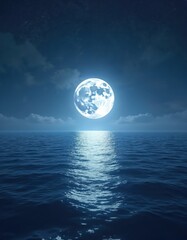 Wall Mural - full moon shines brightly over calm ocean at night. starry sky with clouds above water. moonlight re
