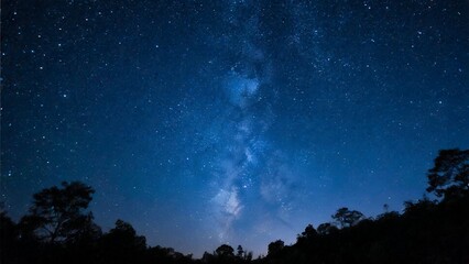 night sky, a breathtaking view of the Milky Way stretching across a dark blue sky dotted with countless stars, above a silhouetted landscape of trees
