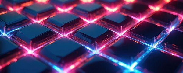 Close-up of 3D cubes with glowing neon grid pattern in blue and pink. Modern tech background with futuristic digital space, shiny surfaces, and network structure. Vibrant connection concept.