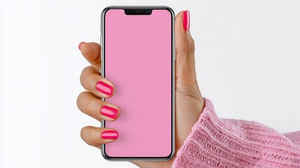Woman holding a pink phone with a pink background. The phone is empty and the background is white