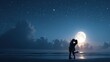 © junjie - Silhouette of couple hugging and kissing on beach at night, man lifting woman’s leg, huge bright full moon in deep blue starry sky, romantic atmosphere, Mid-Autumn Festival scene