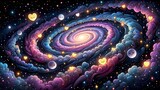 Whimsical Galaxy with Heart Shaped Stars and Smiling Moon Planets in Space
