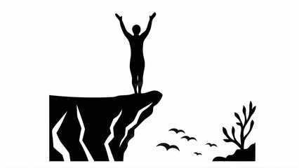 silhouette of a person standing on a cliff with arms raised and birds flying near a tree silhouette