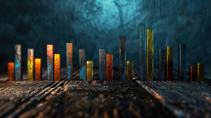 Poster - Colorful metallic bars create striking visual representation of data, standing tall against textured background. interplay of light and shadow adds depth, evoking sense of growth and progress
