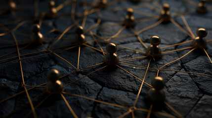 Poster - Network of interconnected golden figures on textured dark surface symbolizes collaboration and connection. intricate web of lines represents relationships and communication in modern digital world