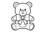 A simple black and white illustration of a teddy bear with a bow.