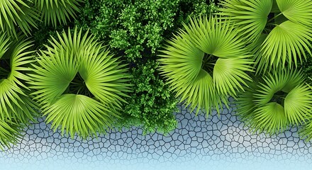 Photo of overhead view of green fan palm trees and bushes in a tropical garden