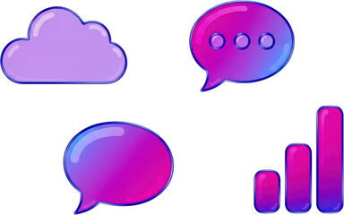 Wall Mural - Collection of glossy purple and pink gradient speech bubbles cloud shape and bar graph icons chat bubble transparent background