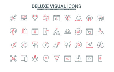 SEO optimization service, digital marketing line icons set. Online traffic of web page, search and advertise blog content, megaphone and target thin black and red outline symbols vector illustration