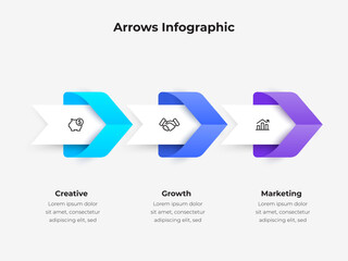 Wall Mural - infographic displays three arrows representing concepts of creativity, growth, and marketing with co