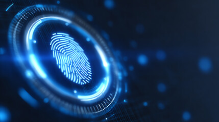 Futuristic digital fingerprint on a glowing interface, representing security and biometric technology.