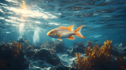 Wall Mural - Vibrant underwater seascape with a golden fish swimming amidst the coral reef