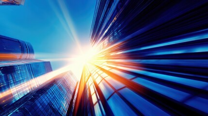 Wall Mural - dramatic upward view of modern skyscrapers with sunlight streaming through in an urban setting