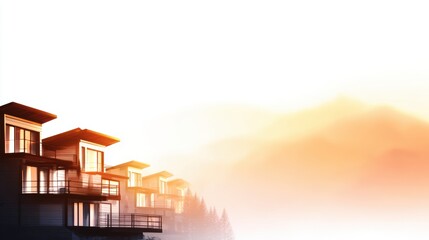 Wall Mural - modern residential buildings silhouetted against a vibrant sunset with misty mountains in the backgr