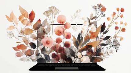 A laptop surrounded by a vibrant array of abstract floral designs, blending technology with nature in a visually appealing composition, watercolor abstract laptop