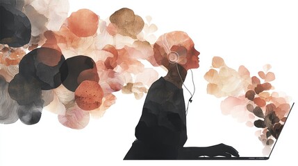 Poster - A silhouette of a person wearing headphones, using a laptop, surrounded by colorful abstract shapes and patterns representing creativity and inspiration, watercolor abstract laptop