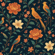 © macho - Elegant chinoiserie-style illustration featuring vibrant orange and cream flowers intertwined with detailed birds on a dark background, perfect for luxury wallpaper, textiles, and decorative design pr