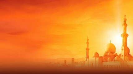 Wall Mural - majestic sunset over a grand mosque silhouette with intricate domes and minarets against an orange s