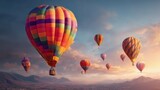 Colorful Hot Air Balloons Floating Over Scenic Landscape at Sunrise