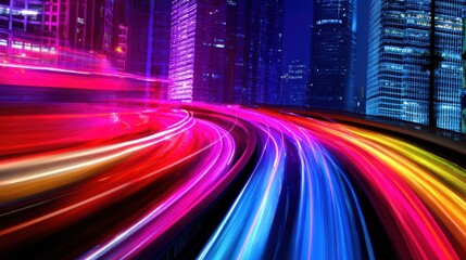 Wall Mural - vibrant light trails weave through a bustling cityscape at night, showcasing urban energy and moveme