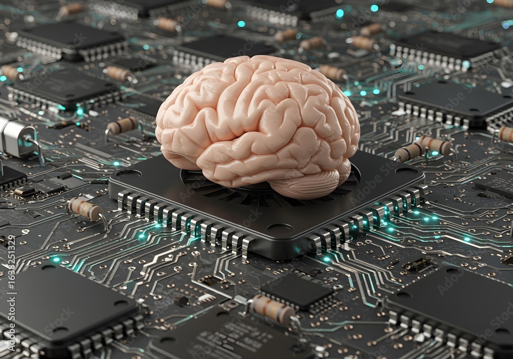 Human brain seated on black cooling fan integrated into motherboard ...