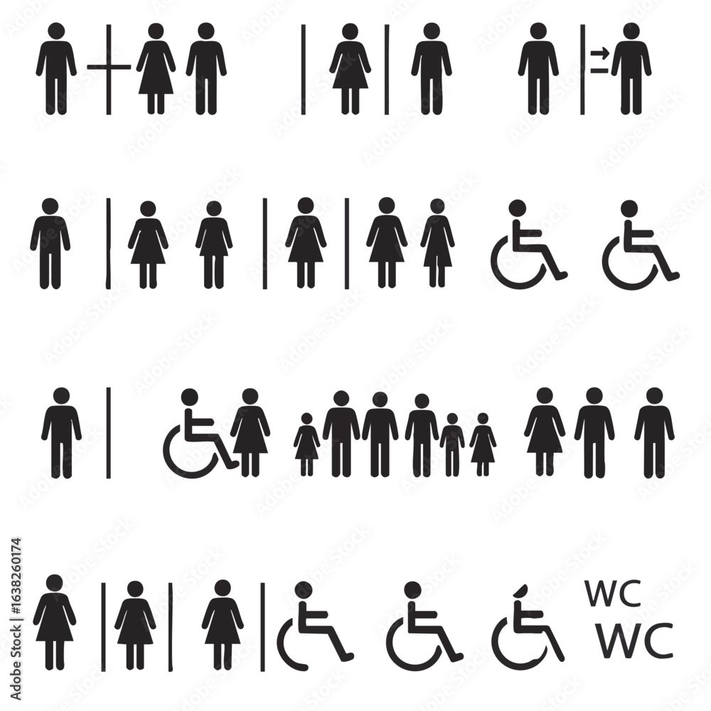 Universal Wc Sign Universal toilet and WC sign icon set. Vector symbols for male, female ...