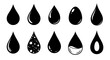 © Steven - Set of monochrome liquid drop icons. A collection of black water, oil, and fuel droplet symbols in various styles for design.