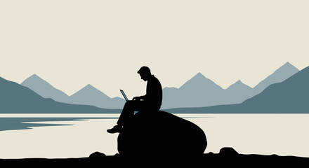 Silhouette of Man Working on Laptop in Nature.