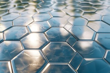 Canvas Print - Abstract Hexagonal Metallic Surface: Futuristic, Reflective, and Slightly Damaged Texture