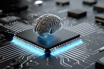 Poster - A computer chip with a brain on top of it