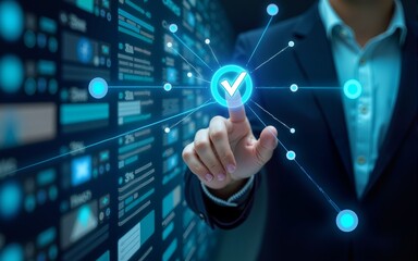 Data integration system. Binary data transfer. Connect internet network between application. Businessman touching network connection. High quality