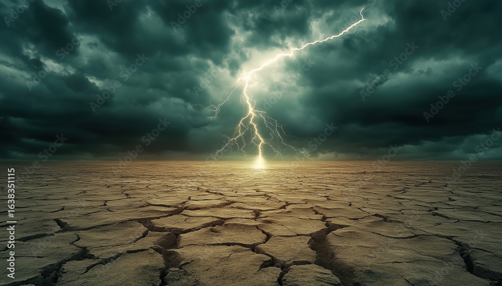 Dry And Cracked Land Struck By Lightning Storm. The Parched Earth Split ...