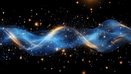 Wall Mural - Ethereal blue and gold waves with shimmering particles against a dark backdrop