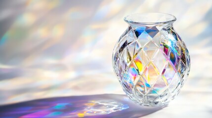 Elegant crystal vase with carved patterns and rainbow reflections
