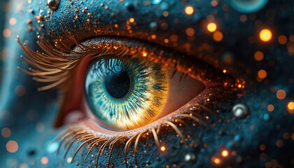 Canvas Print - macro view of a human eye transforming into a galaxy. swirling stars, cosmic nebula patterns, and gl