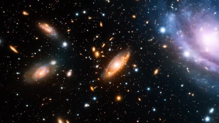 Wall Mural - Galactic cluster, orange & white stars and galaxies on a dark background
