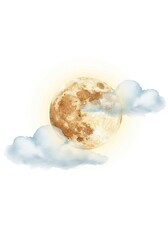 Poster - Golden Moon and Cloudscape - Watercolor painting of a large golden full moon partially obscured by soft, light blue clouds. Serene and dreamy